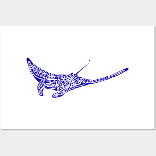 Manta ray ultramarine blue tattoo pale gray background Posters and Art